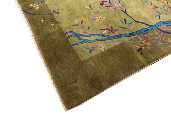 Antique chinese art deco carpet 9'×11'6" green field, floral design, modern style, 1920s - detail view 8