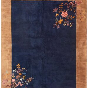 Antique Chinese Art Deco Carpet 7'9"×9'9" Navy Open Field, Beige Border, Modern Floral, 1920s