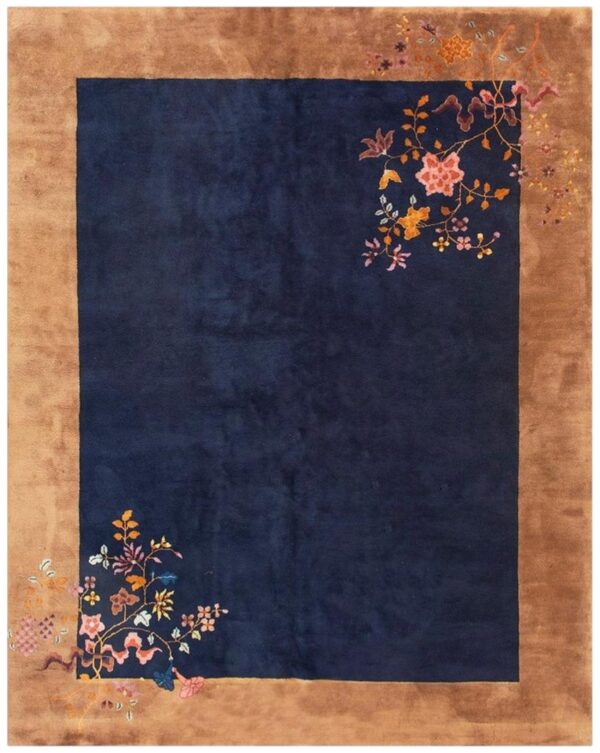 Antique chinese art deco carpet 7'9"×9'9" navy open field, beige border, modern floral, 1920s