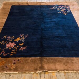 Antique Chinese Art Deco Carpet 7'9"×9'9" Navy Open Field, Beige Border, Modern Floral, 1920s - detail view 1