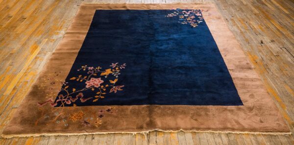 Antique chinese art deco carpet 7'9"×9'9" navy open field, beige border, modern floral, 1920s - detail view 1