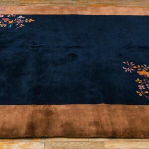 Antique Chinese Art Deco Carpet 7'9"×9'9" Navy Open Field, Beige Border, Modern Floral, 1920s - detail view 2