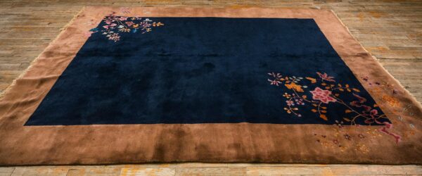 Antique chinese art deco carpet 7'9"×9'9" navy open field, beige border, modern floral, 1920s - detail view 2