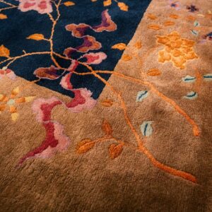 Antique Chinese Art Deco Carpet 7'9"×9'9" Navy Open Field, Beige Border, Modern Floral, 1920s - detail view 3