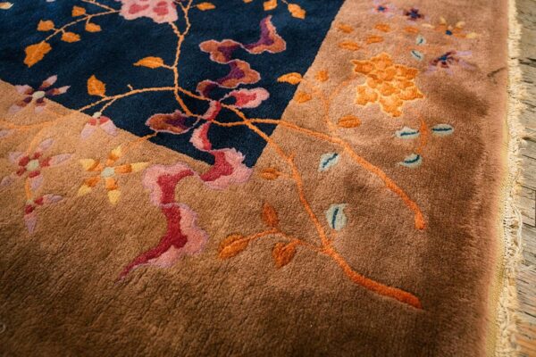 Antique chinese art deco carpet 7'9"×9'9" navy open field, beige border, modern floral, 1920s - detail view 3
