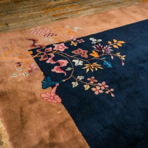 Antique Chinese Art Deco Carpet 7'9"×9'9" Navy Open Field, Beige Border, Modern Floral, 1920s - detail view 4