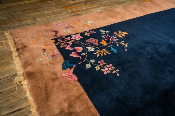Antique chinese art deco carpet 7'9"×9'9" navy open field, beige border, modern floral, 1920s - detail view 4