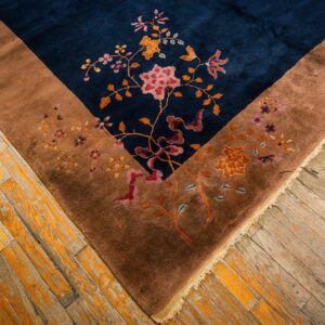 Antique Chinese Art Deco Carpet 7'9"×9'9" Navy Open Field, Beige Border, Modern Floral, 1920s - detail view 5