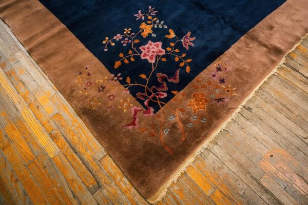 Antique chinese art deco carpet 7'9"×9'9" navy open field, beige border, modern floral, 1920s - detail view 5