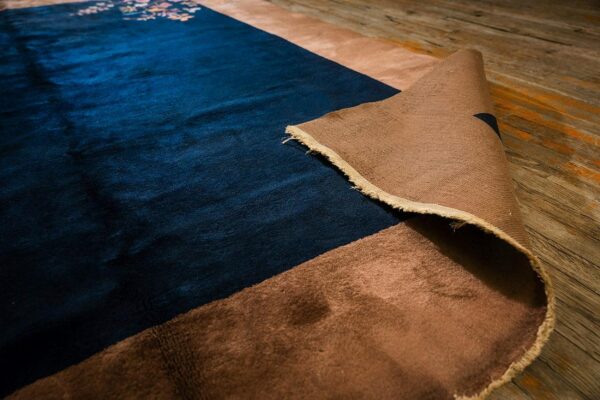 Antique chinese art deco carpet 7'9"×9'9" navy open field, beige border, modern floral, 1920s - detail view 7