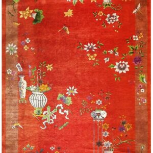 Antique Chinese Art Deco Carpet 9'11"×13'8" Red Field, Tan Border, Modern Floral, 1920s