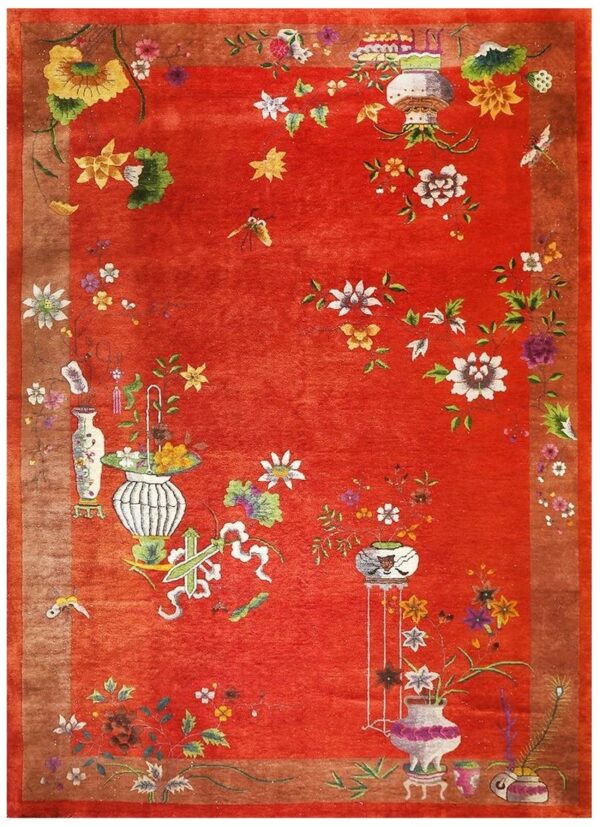 Antique chinese art deco carpet 9'11"×13'8" red field, tan border, modern floral, 1920s