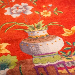 Antique Chinese Art Deco Carpet 9'11"×13'8" Red Field, Tan Border, Modern Floral, 1920s - detail view 9