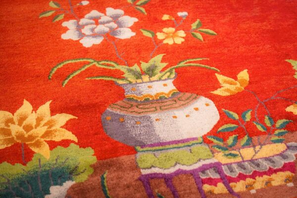 Antique chinese art deco carpet 9'11"×13'8" red field, tan border, modern floral, 1920s - detail view 9