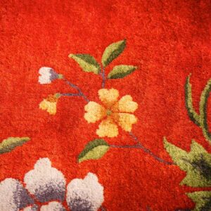 Antique Chinese Art Deco Carpet 9'11"×13'8" Red Field, Tan Border, Modern Floral, 1920s - detail view 10