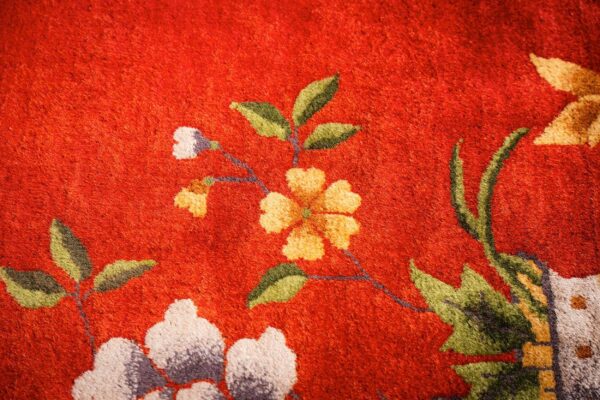Antique chinese art deco carpet 9'11"×13'8" red field, tan border, modern floral, 1920s - detail view 10