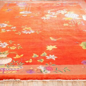 Antique Chinese Art Deco Carpet 9'11"×13'8" Red Field, Tan Border, Modern Floral, 1920s - detail view 1