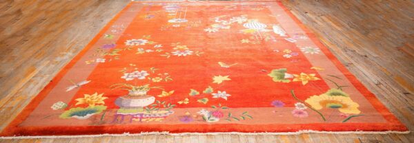 Antique chinese art deco carpet 9'11"×13'8" red field, tan border, modern floral, 1920s - detail view 1