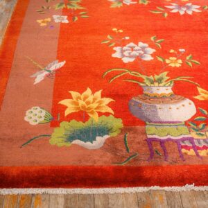 Antique Chinese Art Deco Carpet 9'11"×13'8" Red Field, Tan Border, Modern Floral, 1920s - detail view 3