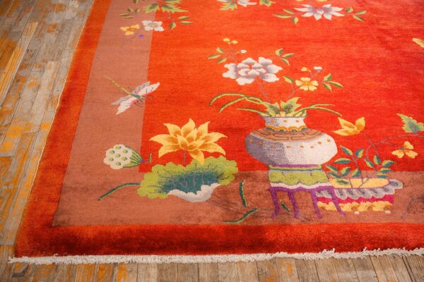 Antique chinese art deco carpet 9'11"×13'8" red field, tan border, modern floral, 1920s - detail view 3
