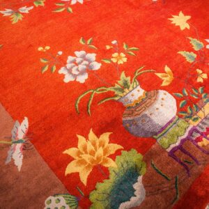 Antique Chinese Art Deco Carpet 9'11"×13'8" Red Field, Tan Border, Modern Floral, 1920s - detail view 6