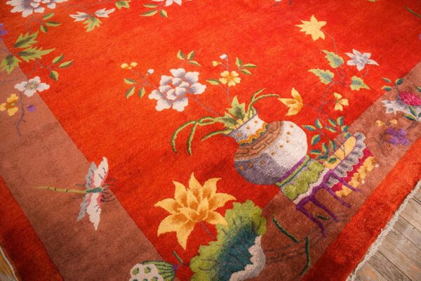 Antique chinese art deco carpet 9'11"×13'8" red field, tan border, modern floral, 1920s - detail view 6