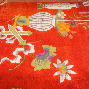 Antique Chinese Art Deco Carpet 9'11"×13'8" Red Field, Tan Border, Modern Floral, 1920s - detail view 7