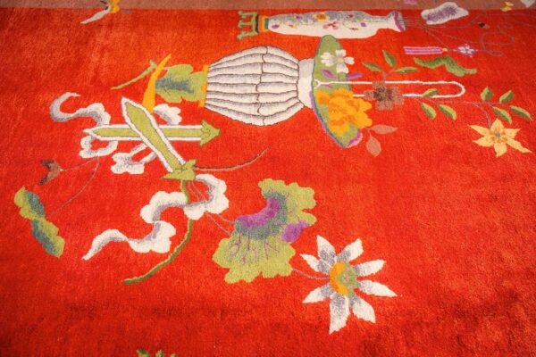 Antique chinese art deco carpet 9'11"×13'8" red field, tan border, modern floral, 1920s - detail view 7