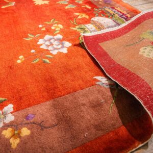 Antique Chinese Art Deco Carpet 9'11"×13'8" Red Field, Tan Border, Modern Floral, 1920s - detail view 8