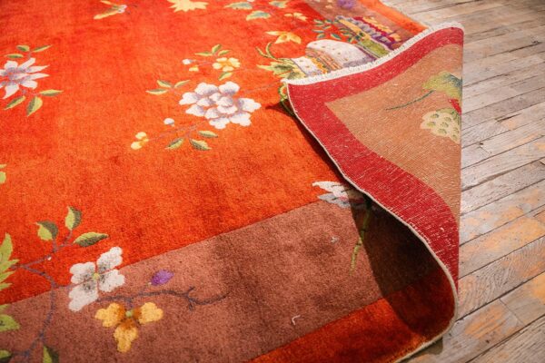 Antique chinese art deco carpet 9'11"×13'8" red field, tan border, modern floral, 1920s - detail view 8