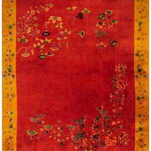 Antique Chinese Art Deco Carpet 8'10"×11'2" Red Field, Yellow Border, Asymmetrical Modern Design, 1920s