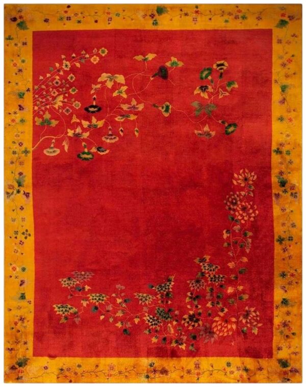 Antique chinese art deco carpet 8'10"×11'2" red field, yellow border, asymmetrical modern design, 1920s