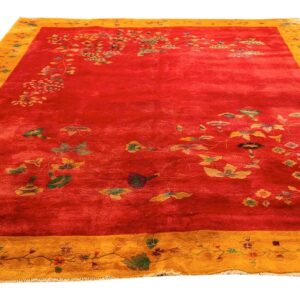 Antique Chinese Art Deco Carpet 8'10"×11'2" Red Field, Yellow Border, Asymmetrical Modern Design, 1920s - detail view 1