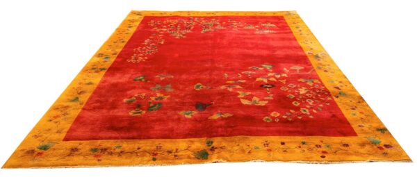 Antique chinese art deco carpet 8'10"×11'2" red field, yellow border, asymmetrical modern design, 1920s - detail view 1