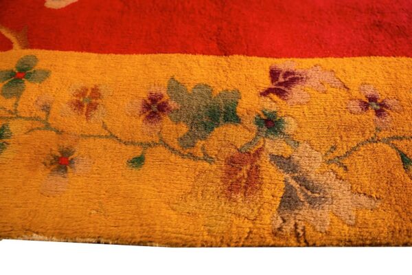 Antique chinese art deco carpet 8'10"×11'2" red field, yellow border, asymmetrical modern design, 1920s - detail view 2