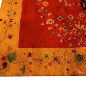 Antique Chinese Art Deco Carpet 8'10"×11'2" Red Field, Yellow Border, Asymmetrical Modern Design, 1920s - detail view 3
