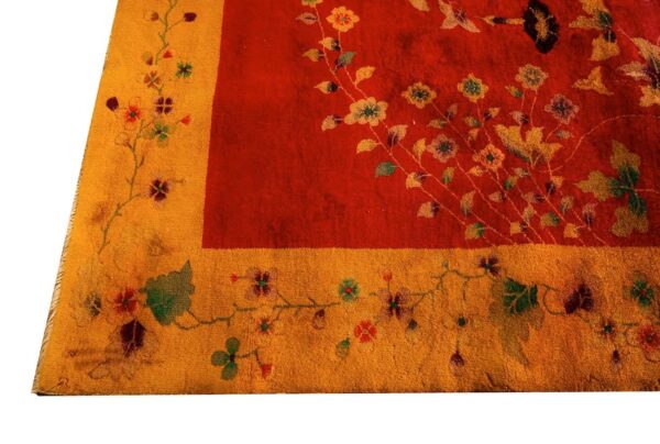 Antique chinese art deco carpet 8'10"×11'2" red field, yellow border, asymmetrical modern design, 1920s - detail view 3