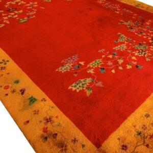 Antique Chinese Art Deco Carpet 8'10"×11'2" Red Field, Yellow Border, Asymmetrical Modern Design, 1920s - detail view 4