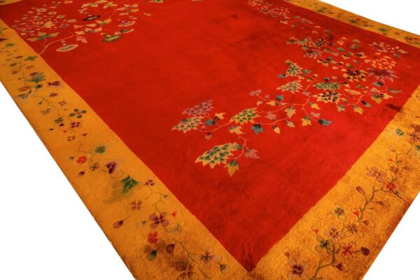 Antique chinese art deco carpet 8'10"×11'2" red field, yellow border, asymmetrical modern design, 1920s - detail view 4