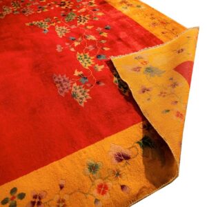 Antique Chinese Art Deco Carpet 8'10"×11'2" Red Field, Yellow Border, Asymmetrical Modern Design, 1920s - detail view 5