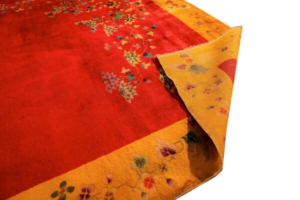 Antique chinese art deco carpet 8'10"×11'2" red field, yellow border, asymmetrical modern design, 1920s - detail view 5