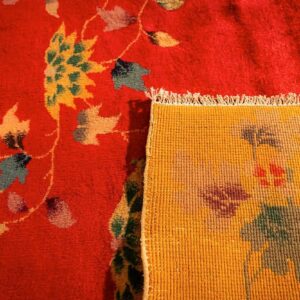 Antique Chinese Art Deco Carpet 8'10"×11'2" Red Field, Yellow Border, Asymmetrical Modern Design, 1920s - detail view 6