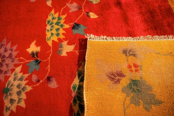 Antique chinese art deco carpet 8'10"×11'2" red field, yellow border, asymmetrical modern design, 1920s - detail view 6