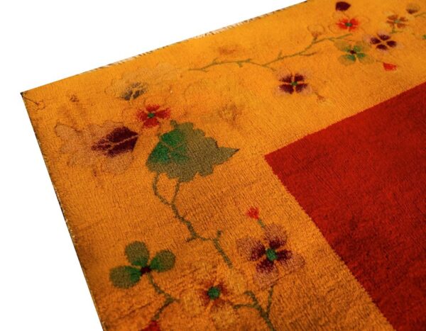 Antique chinese art deco carpet 8'10"×11'2" red field, yellow border, asymmetrical modern design, 1920s - detail view 7