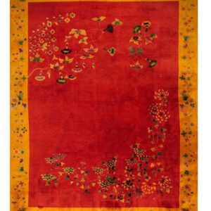 Antique Chinese Art Deco Carpet 8'10"×11'2" Red Field, Yellow Border, Asymmetrical Modern Design, 1920s - detail view 8