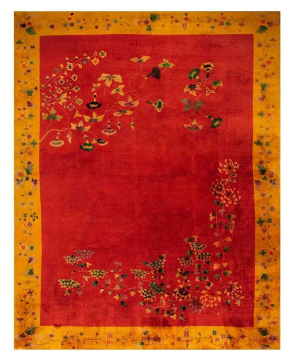 Antique chinese art deco carpet 8'10"×11'2" red field, yellow border, asymmetrical modern design, 1920s - detail view 8