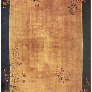 Antique Chinese Art Deco Carpet 19'3"×11'11" Tan Field, Navy Border, Camel Floral, 1920s