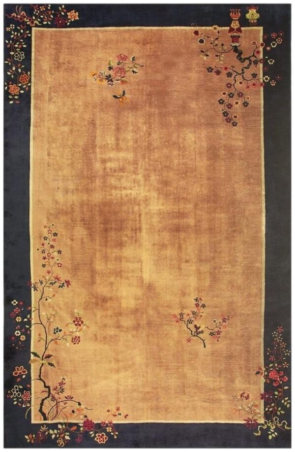 Antique chinese art deco carpet 19'3"×11'11" tan field, navy border, camel floral, 1920s