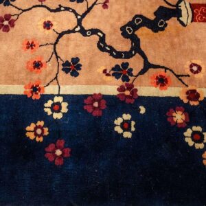 Antique Chinese Art Deco Carpet 19'3"×11'11" Tan Field, Navy Border, Camel Floral, 1920s - detail view 9