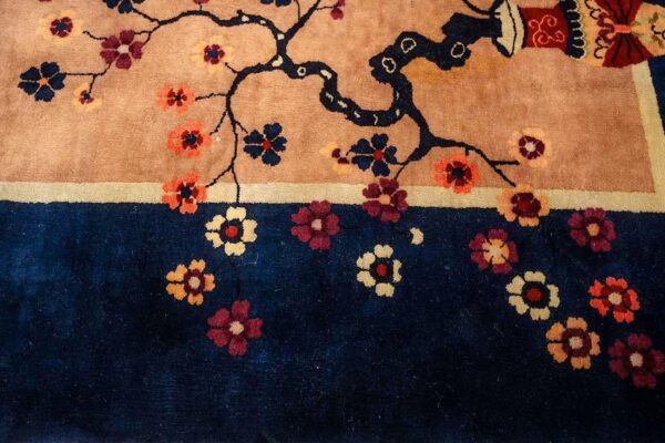Antique chinese art deco carpet 19'3"×11'11" tan field, navy border, camel floral, 1920s - detail view 9